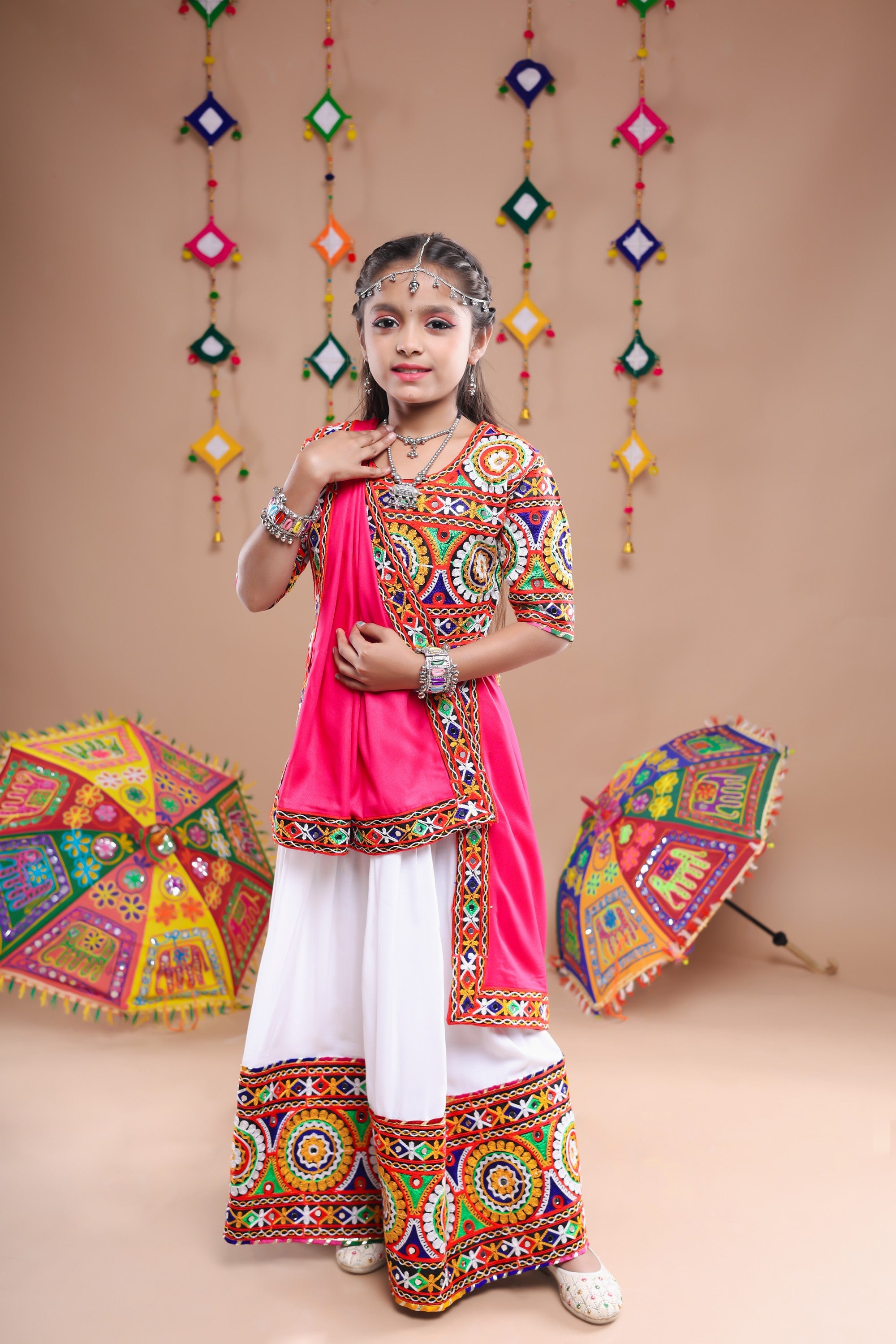 Banjara India Festive Wear Kutchwork Embroidered Girls Lehenga Choli Set with Dupatta (CC-CKKR) - White
