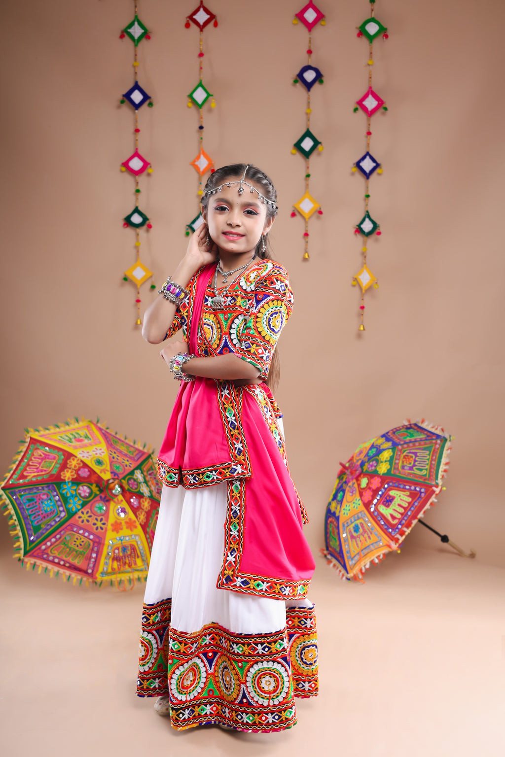 Banjara India Festive Wear Kutchwork Embroidered Girls Lehenga Choli Set with Dupatta (CC-CKKR) - White