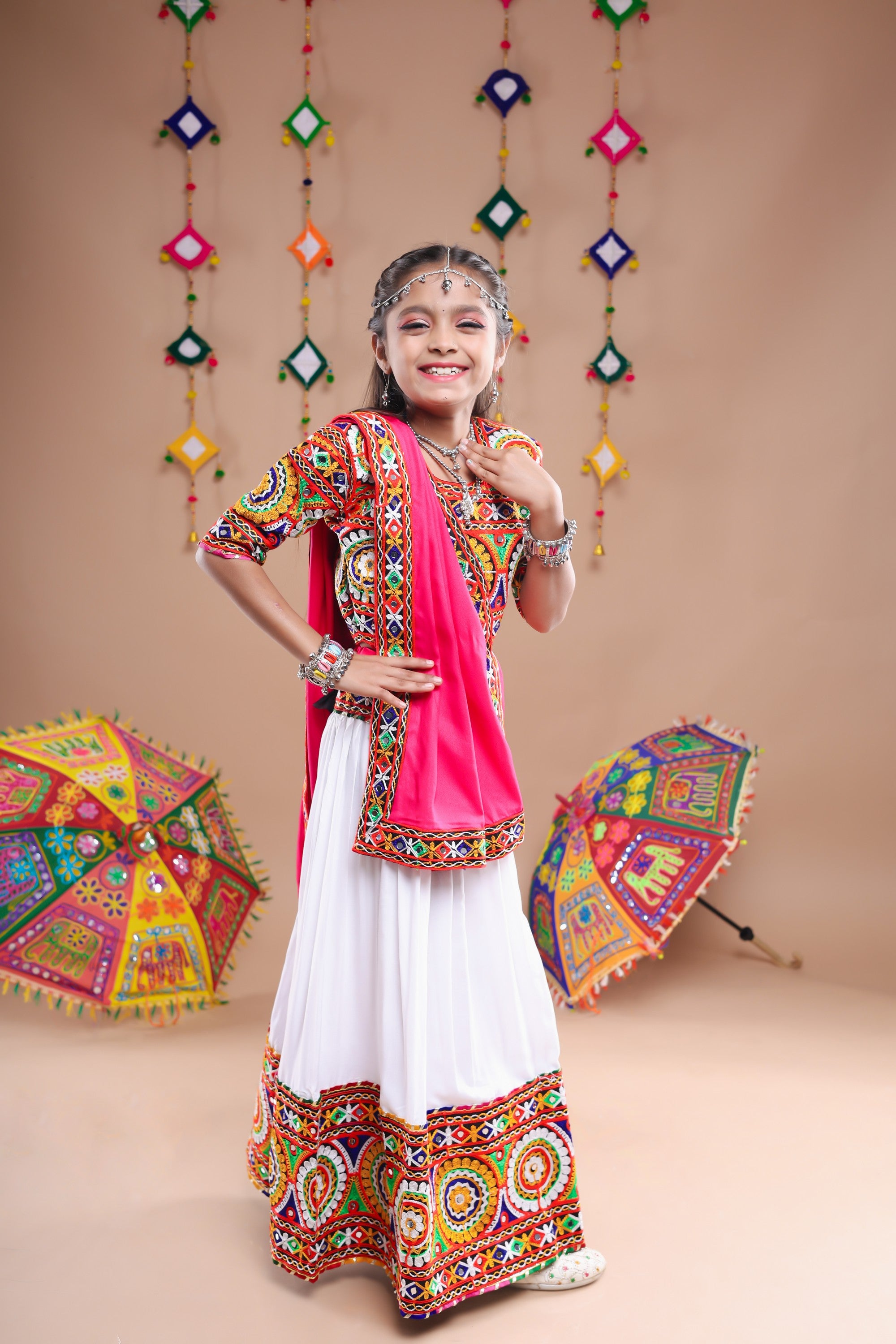 Banjara India Festive Wear Kutchwork Embroidered Girls Lehenga Choli Set with Dupatta (CC-CKKR) - White