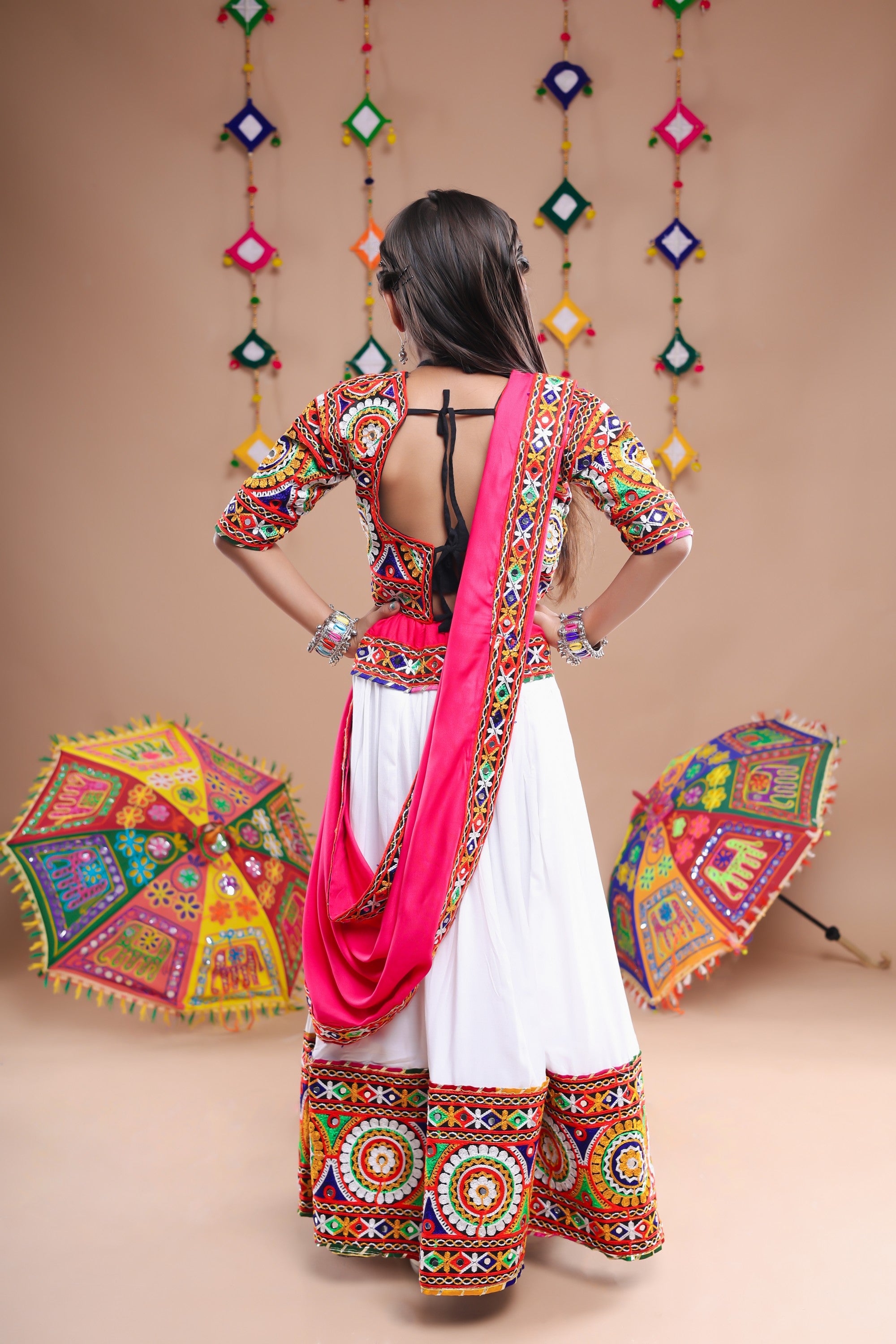Banjara India Festive Wear Kutchwork Embroidered Girls Lehenga Choli Set with Dupatta (CC-CKKR) - White