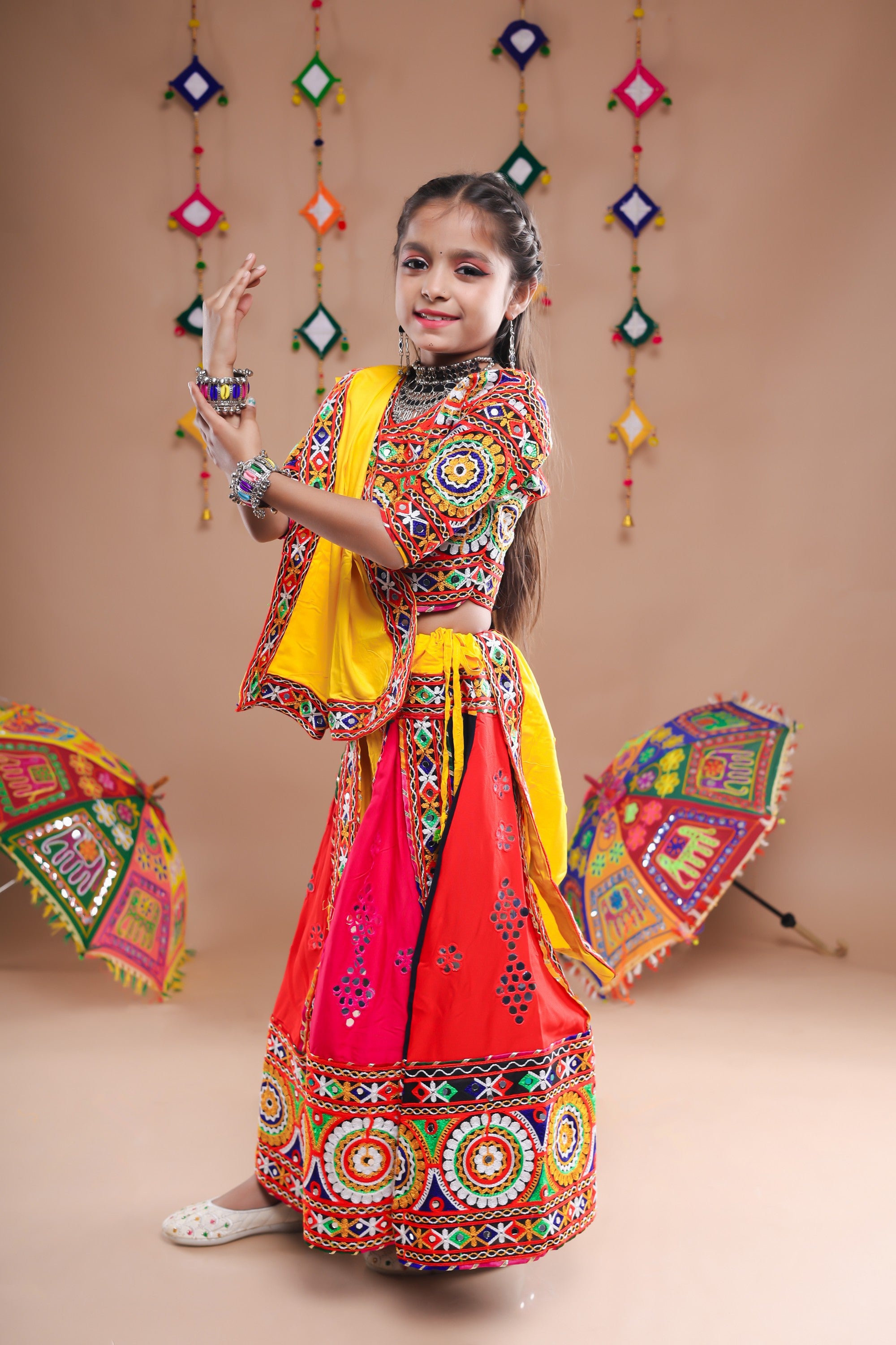 Banjara India Festive Wear Kutchwork Embroidered Girls Lehenga Choli Set with Dupatta (CC-KJKL) - Yellow