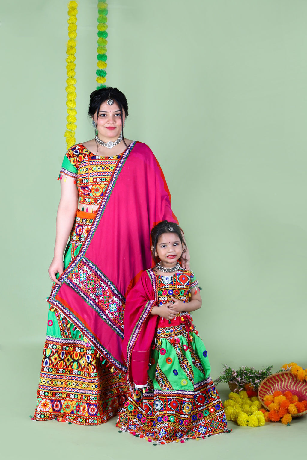 Mother-Daugther Combo Cotton Embroidered Lehenga Choli Set (WAVE- Combo) - Green