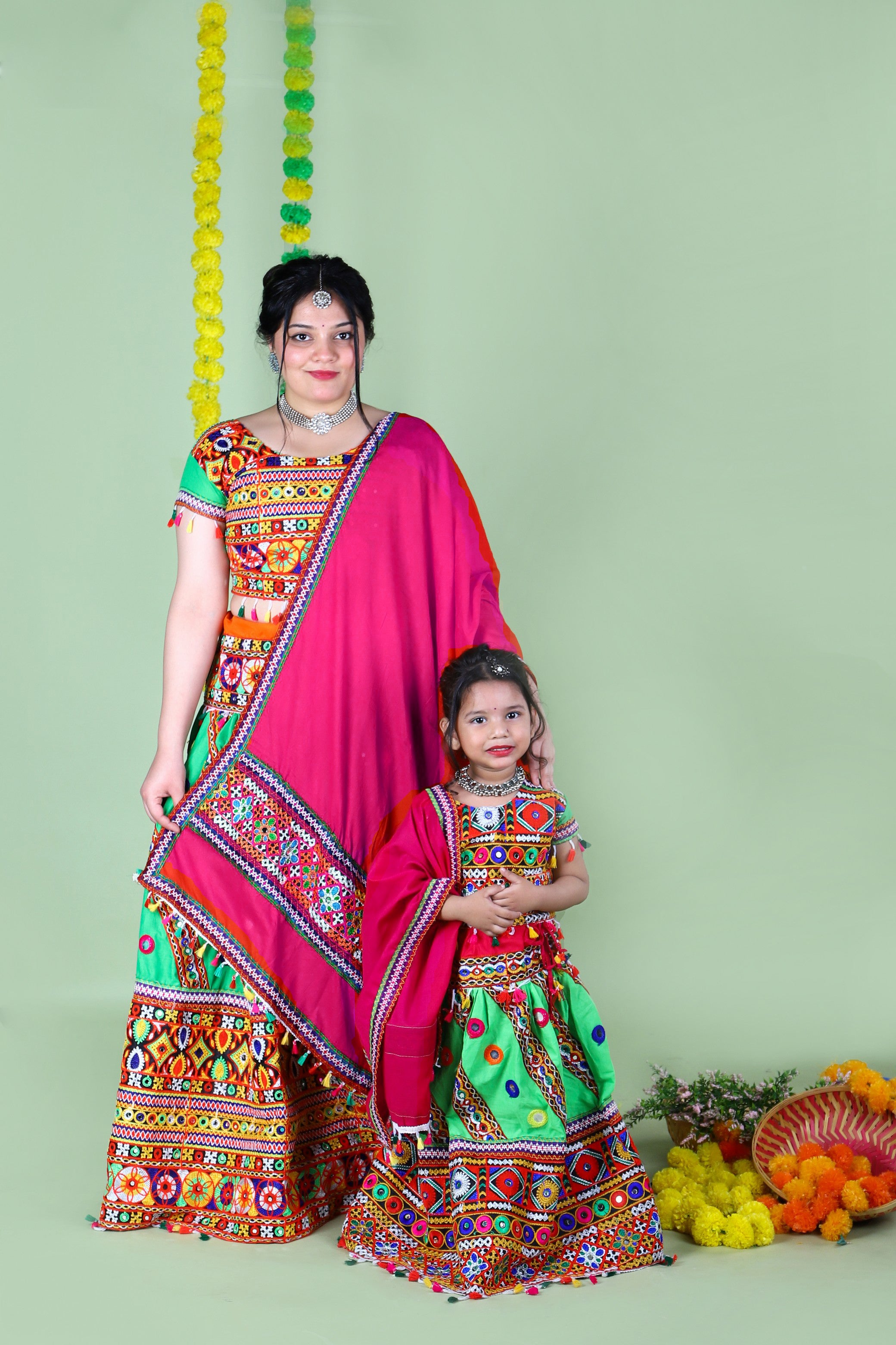 Mother-Daugther Combo Cotton Embroidered Lehenga Choli Set (WAVE- Combo) - Green