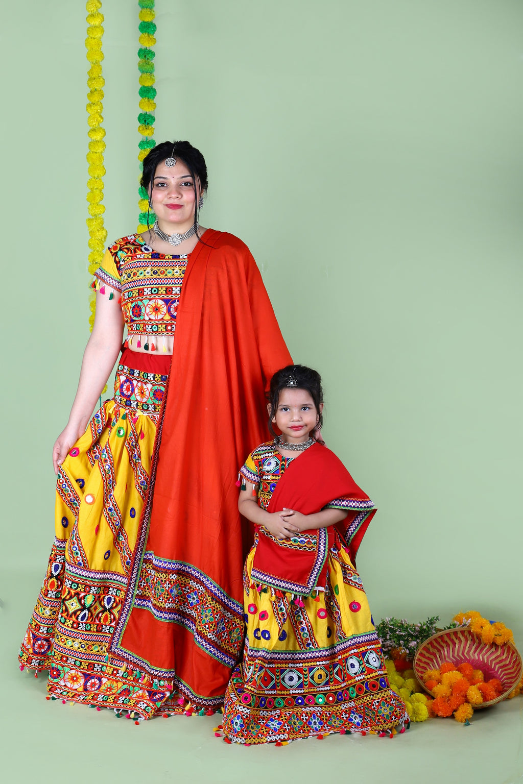 Mother-Daugther Combo Cotton Embroidered Lehenga Choli Set (WAVE- Combo) - Yellow