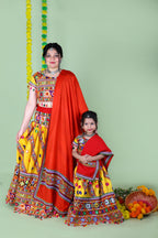 Mother-Daugther Combo Cotton Embroidered Lehenga Choli Set (WAVE- Combo) - Yellow