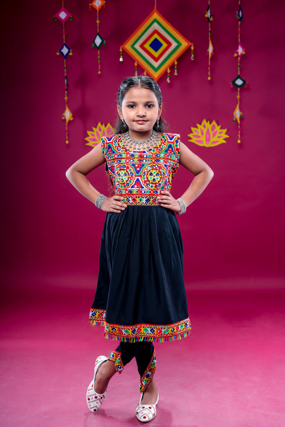 Banjara India Kutchi Emboidered Girls Dhoti Set (DHT-222) - Black