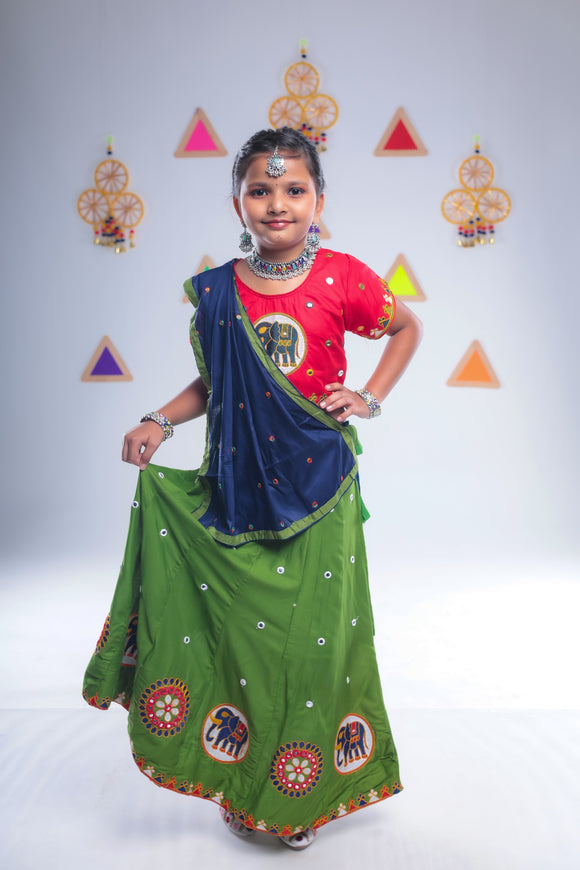 Banjara India Kutchi Embroidered Girls Chaniya Choli with Dupatta (CC-Flower)-Green
