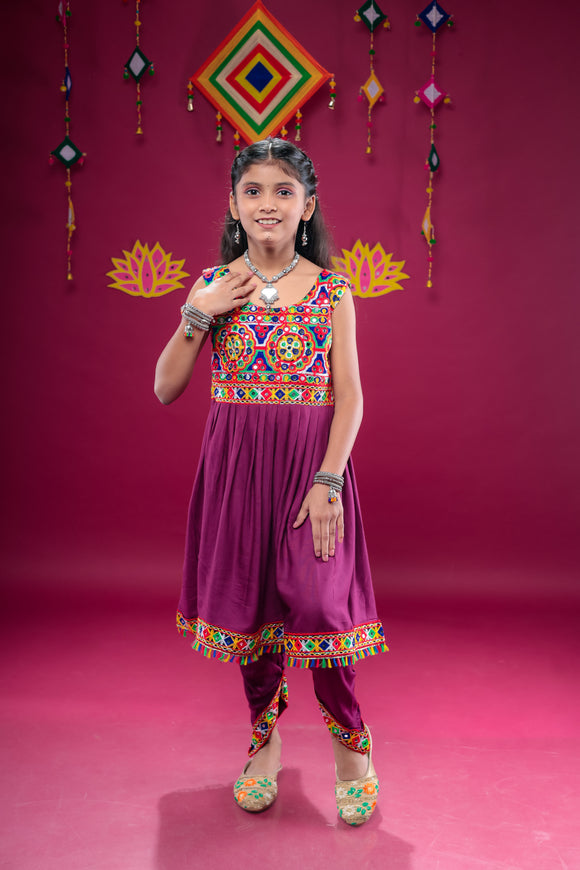 Banjara India Kutchi Embroidered Girls Dhoti Set (DHT-222) - Wine