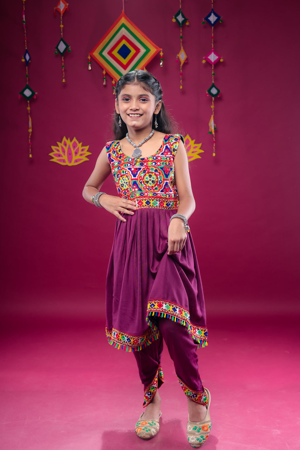 Banjara India Kutchi Embroidered Girls Dhoti Set (DHT-222) - Wine