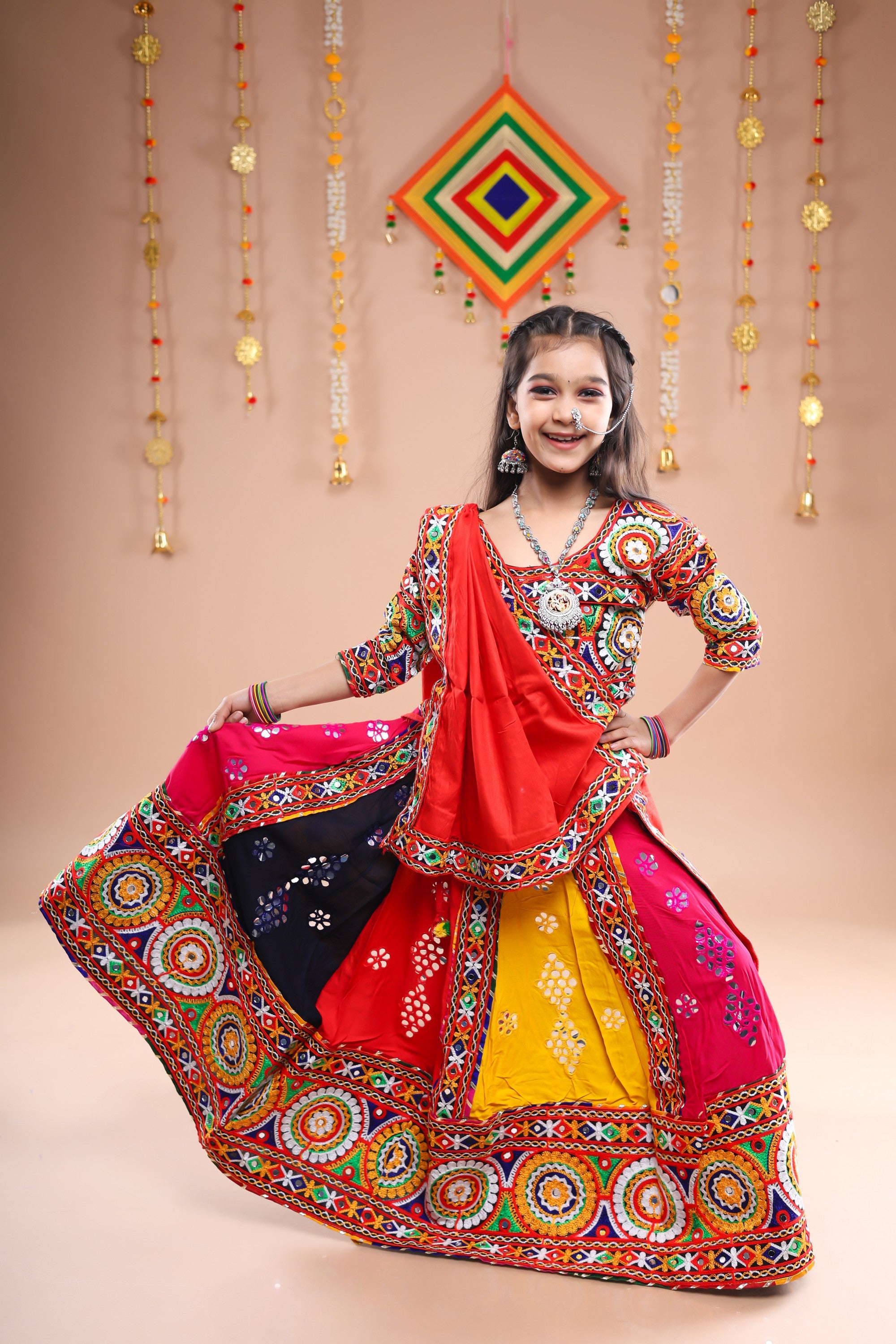 Banjara India Festive Wear Kutchwork Embroidered Girls Lehenga Choli Set with Dupatta (CC-KJKL) - Red