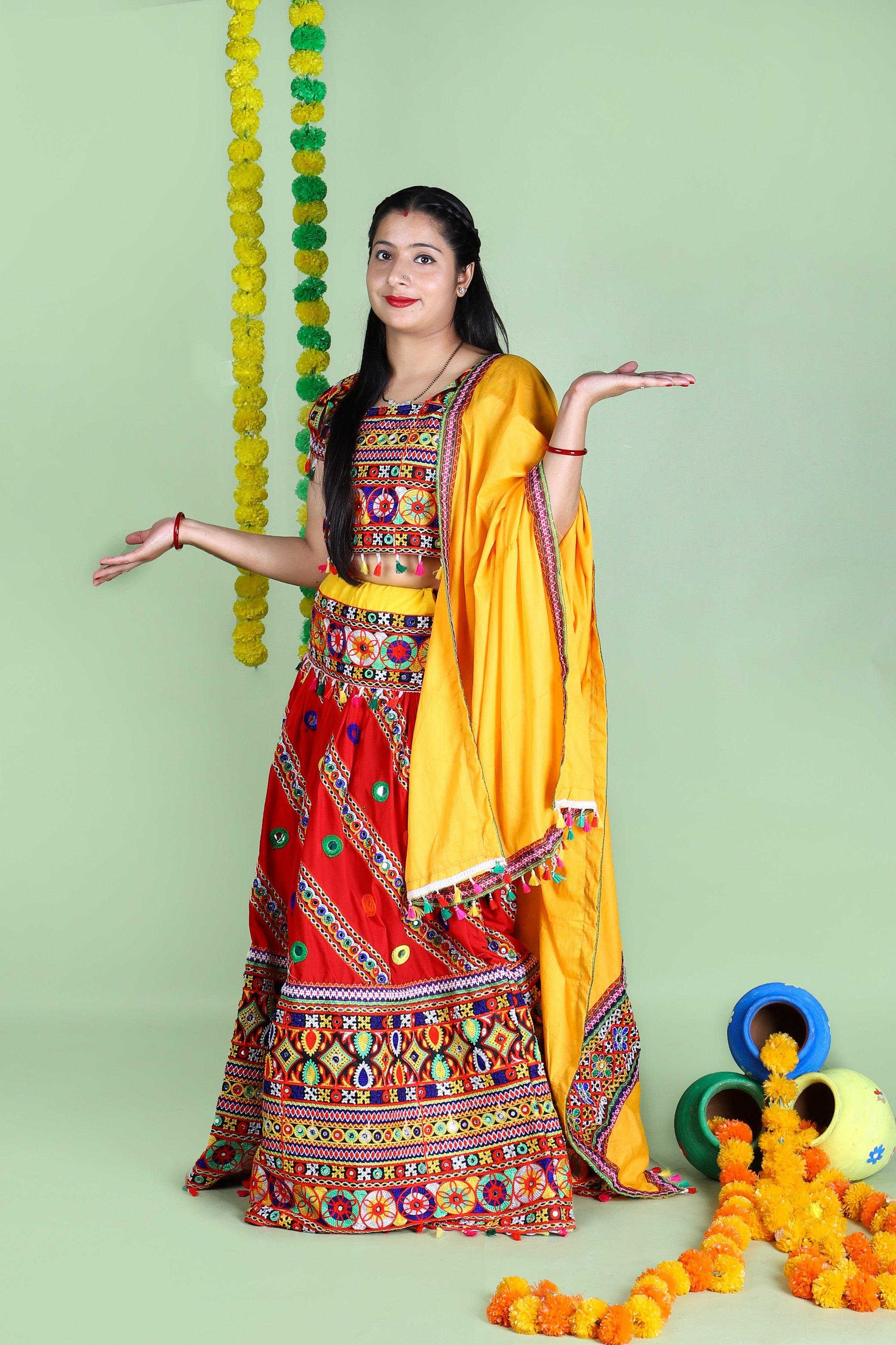 Banjara India Cotton Long Flair Aari Embroidery Kutch Work (Lehenga Choli) Chaniya Choli Set with Dupatta -(CC-WAVE-RED)