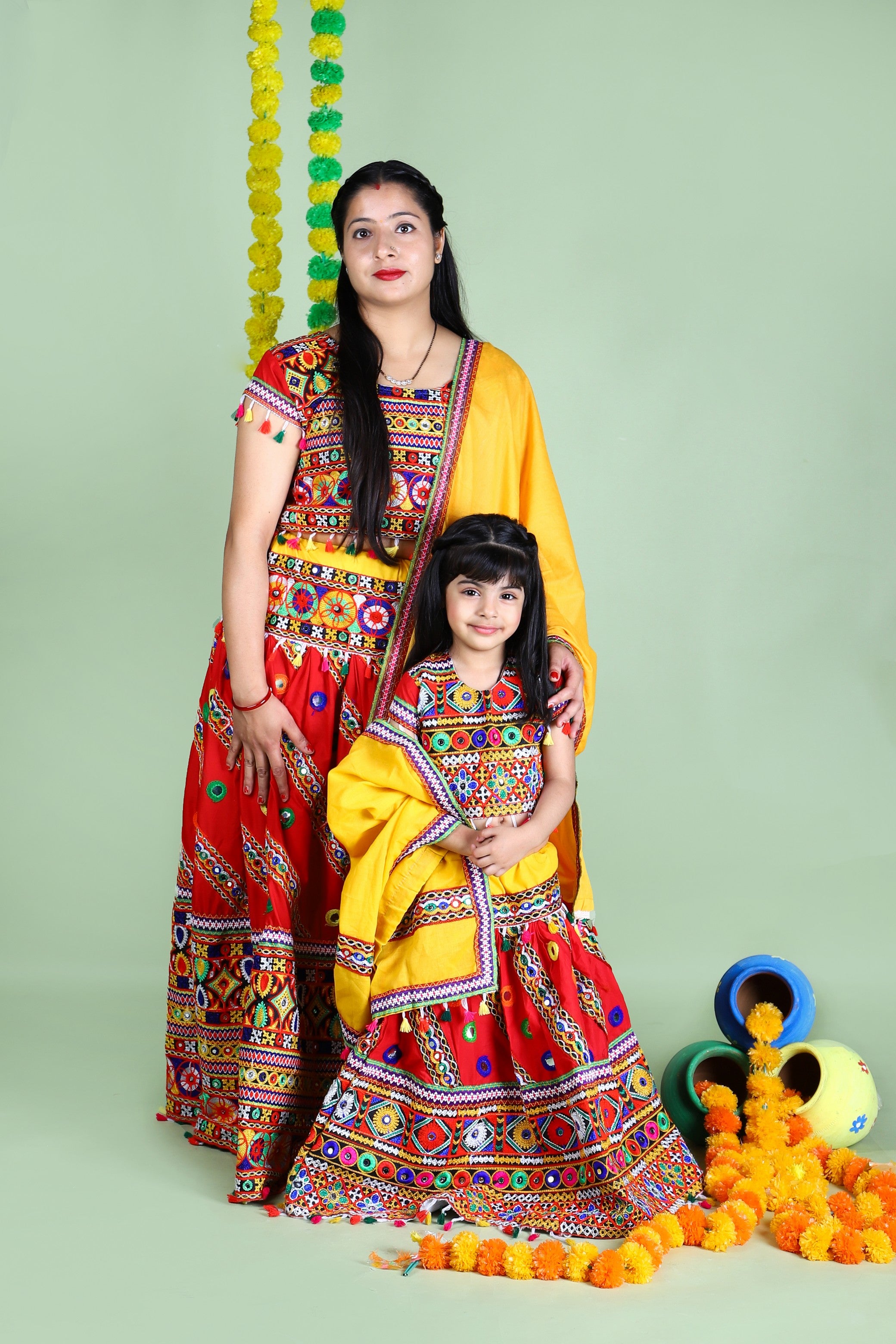 Mother-Daugther Combo Cotton Embroidered Lehenga Choli Set (WAVE- Combo) - Red
