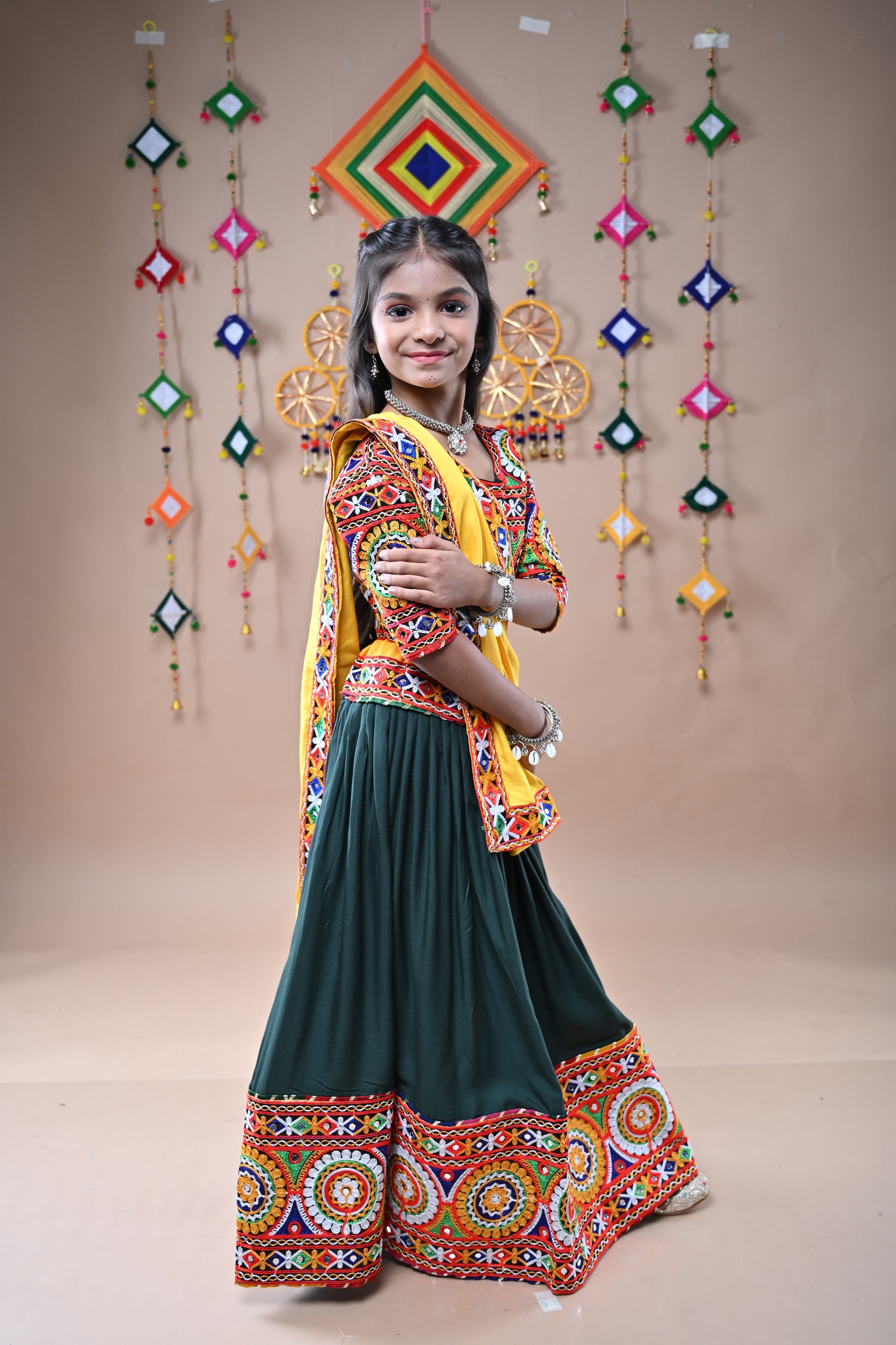 Banjara India Festive Wear Kutchwork Embroidered Girls Lehenga Choli Set with Dupatta (CC-CKKR) - Green