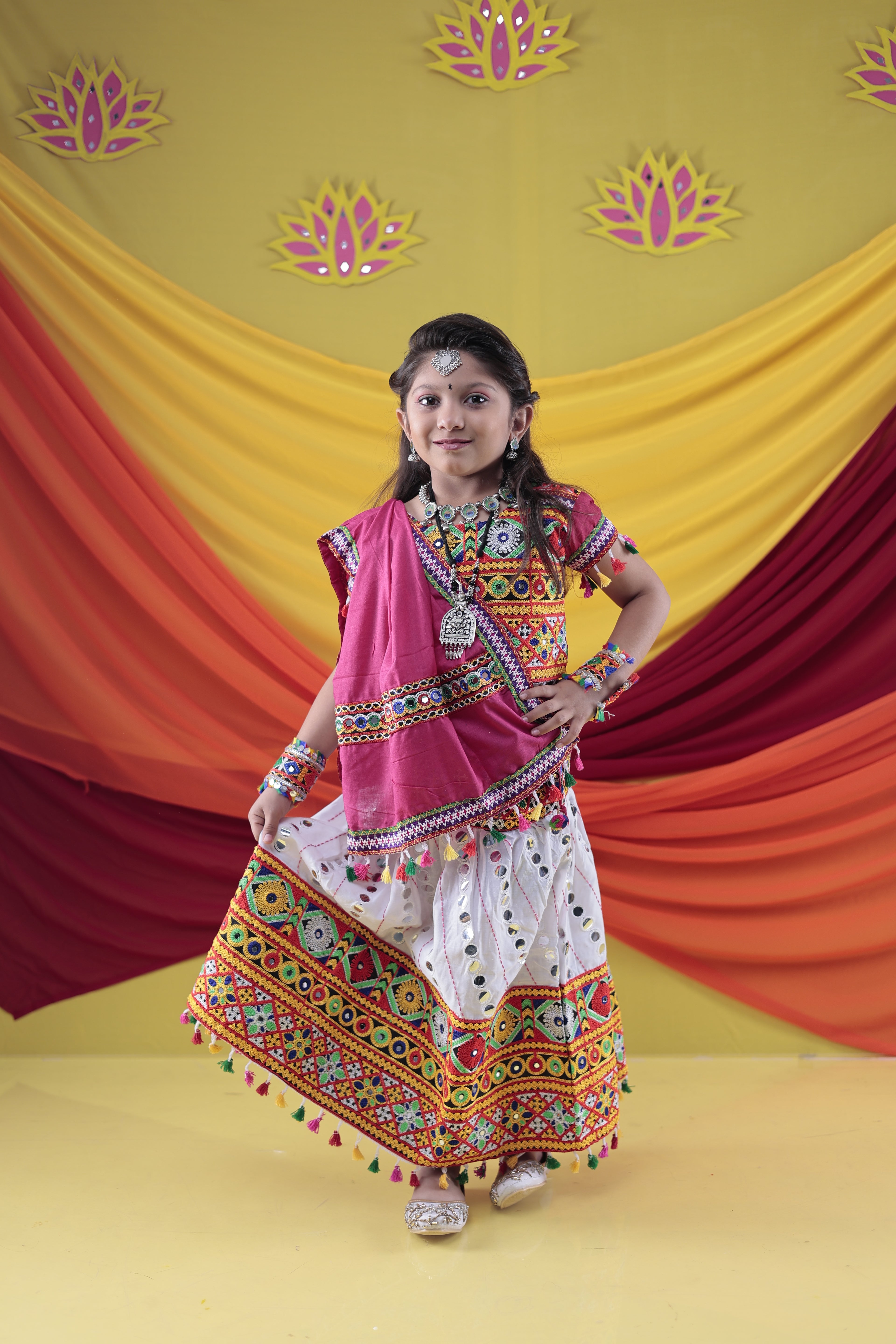 Banjara India Kutchi Emboidered White Girls Chaniya Choli with Dupatta (CC-RSGL) - WHITE