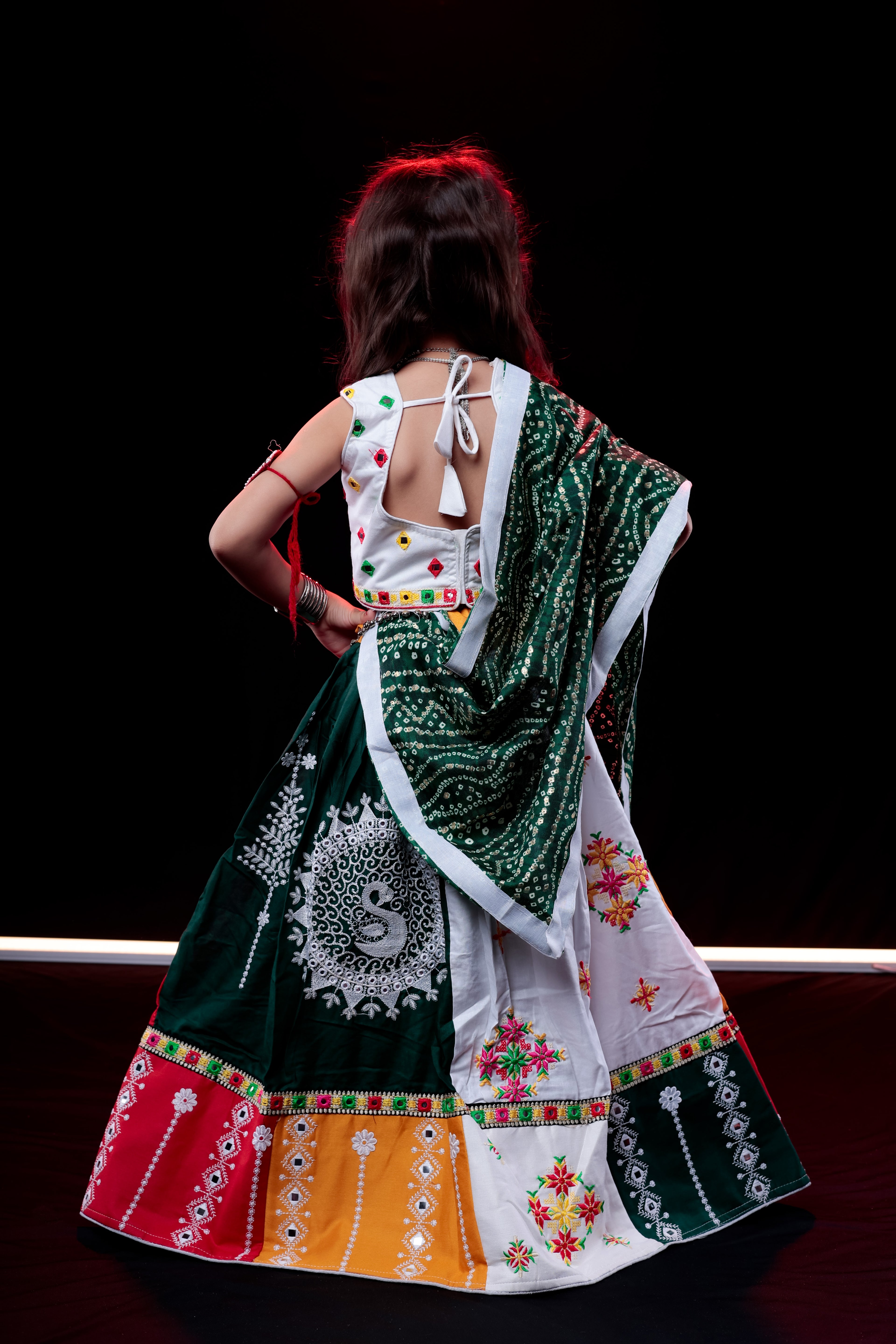 Banjara India Kutchi Embroidered Black Girls Chaniya Choli with Dupatta (CC-FNCY) - White