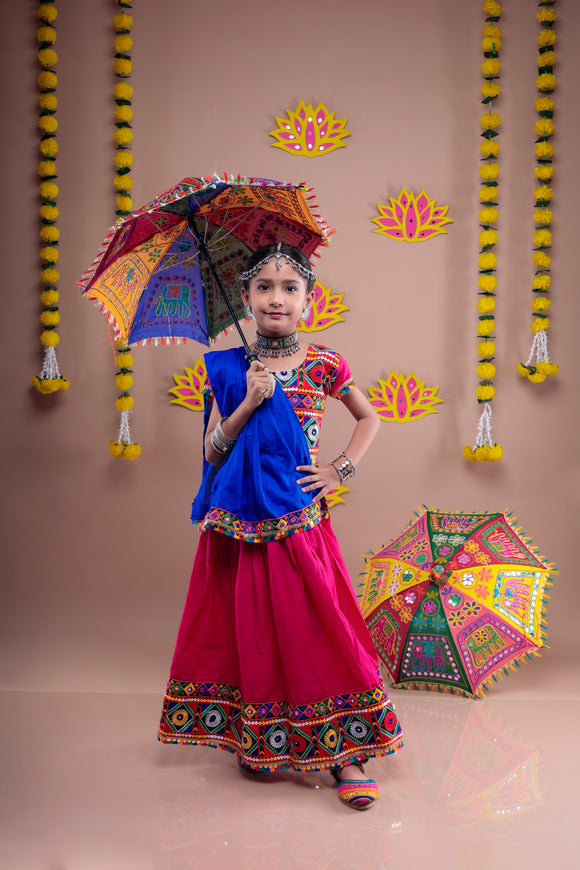 Banjara India Kutchi Emboidered Black Girls Chaniya Choli with Dupatta (CC-DMND) - Pink