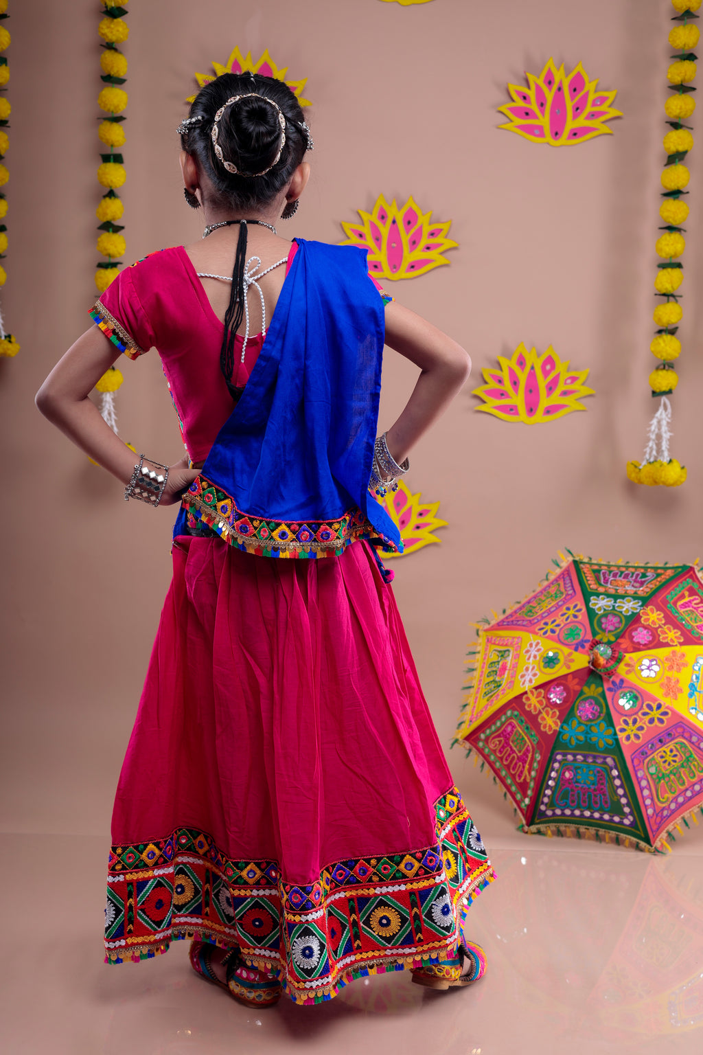 Banjara India Kutchi Emboidered Black Girls Chaniya Choli with Dupatta (CC-DMND) - Pink