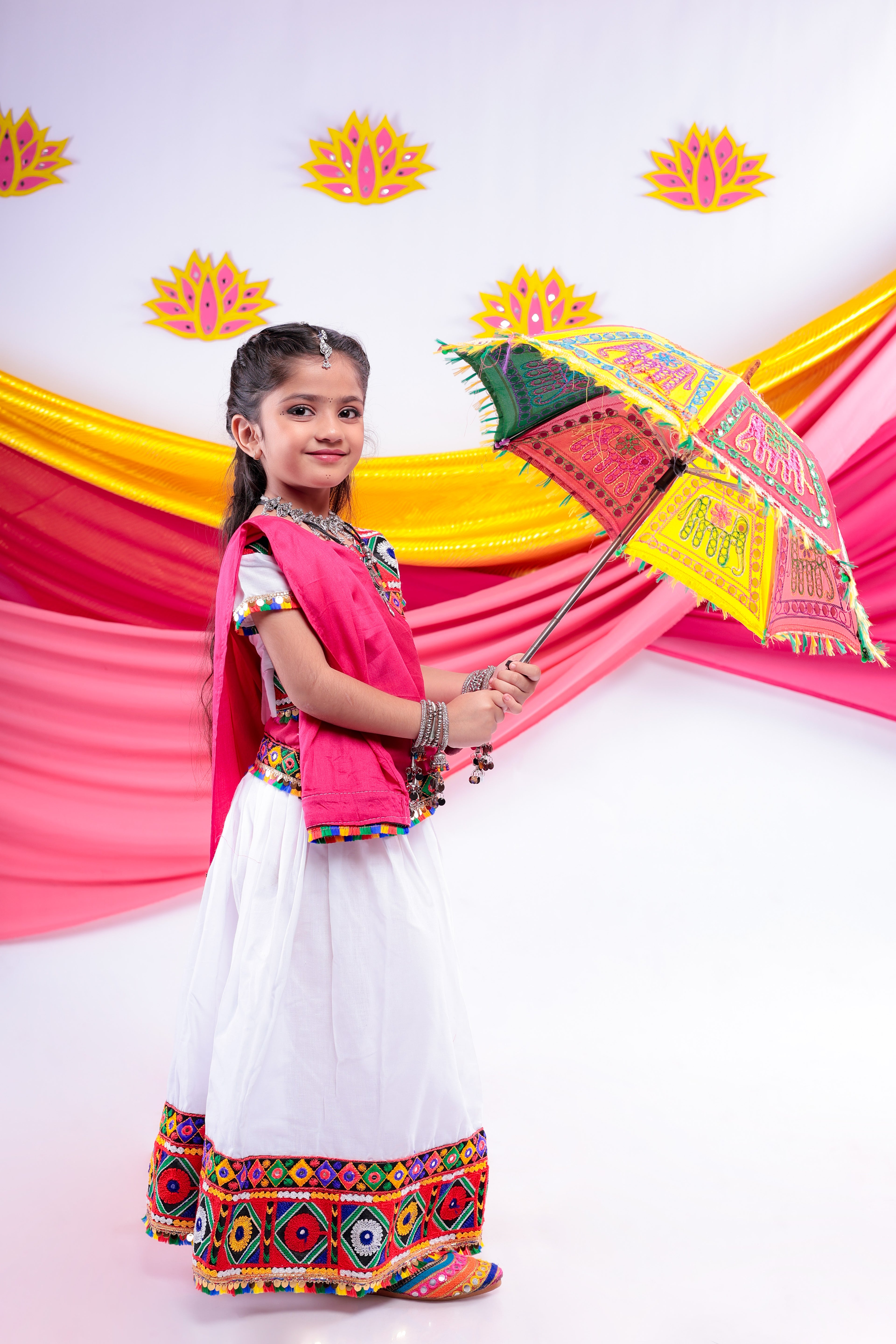 Banjara India Kutchi Emboidered Black Girls Chaniya Choli with Dupatta (CC-DMND) - White