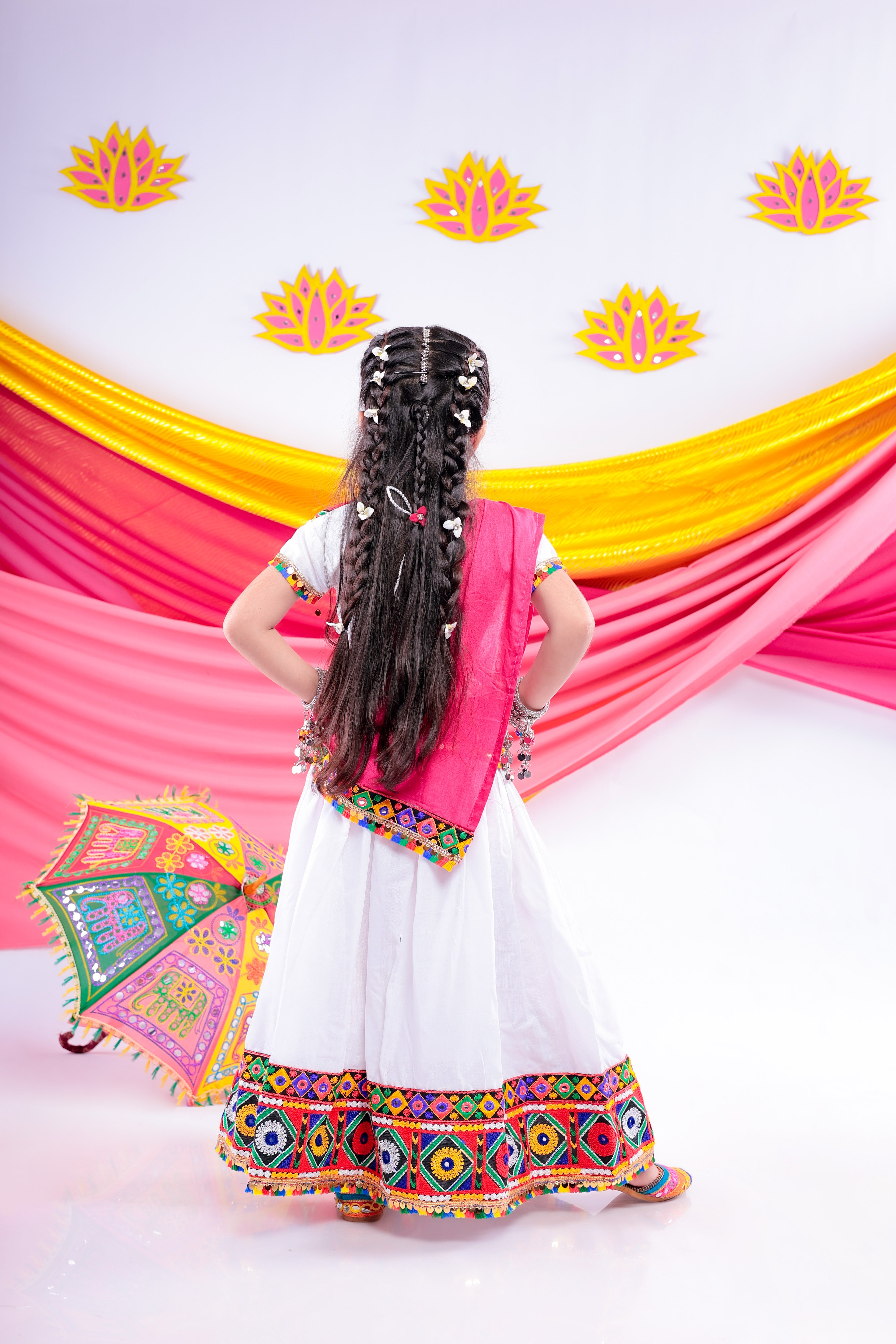 Banjara India Kutchi Emboidered Black Girls Chaniya Choli with Dupatta (CC-DMND) - White