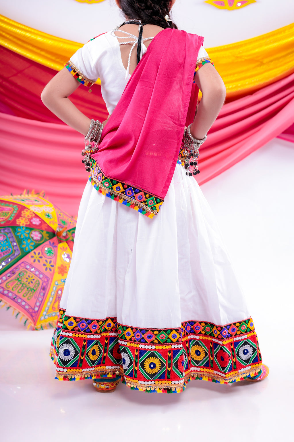 Banjara India Kutchi Emboidered Black Girls Chaniya Choli with Dupatta (CC-DMND) - White