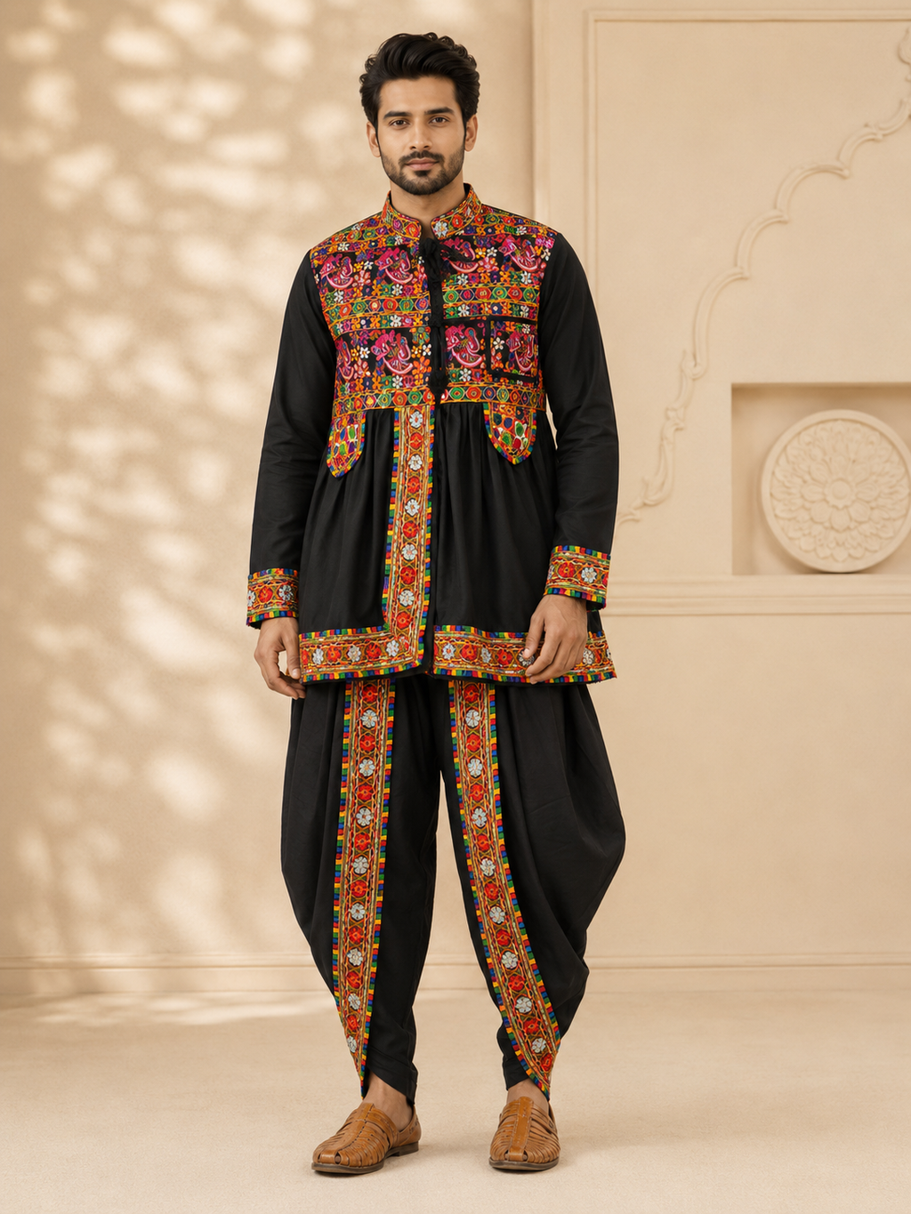 Banjara India Men’s Kutchi Embroidered Kediyu & Dhoti Set | Traditional Navratri Garba Outfit | Mirror Work Ethnic Wear Set-Black