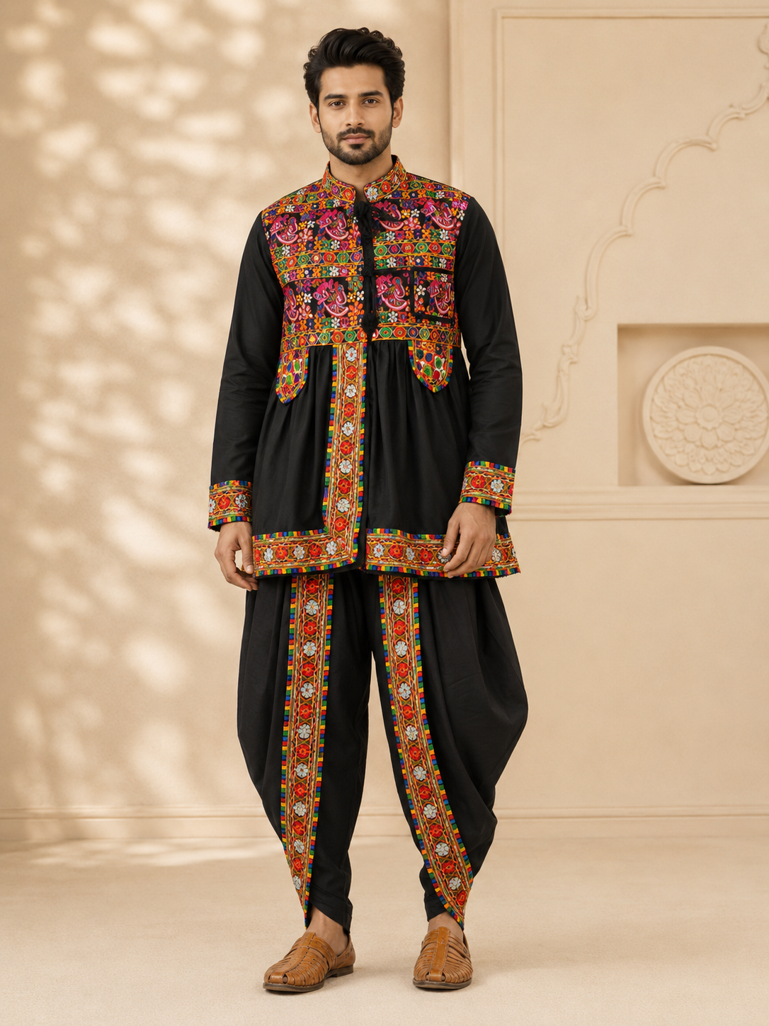 Banjara India Men’s Kutchi Embroidered Kediyu & Dhoti Set | Traditional Navratri Garba Outfit | Mirror Work Ethnic Wear Set-Black