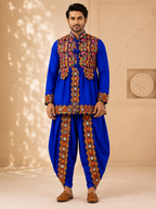 Banjara India Men’s Kutchi Embroidered Kediyu & Dhoti Set | Traditional Navratri Garba Outfit | Mirror Work Ethnic Wear Set-Blue