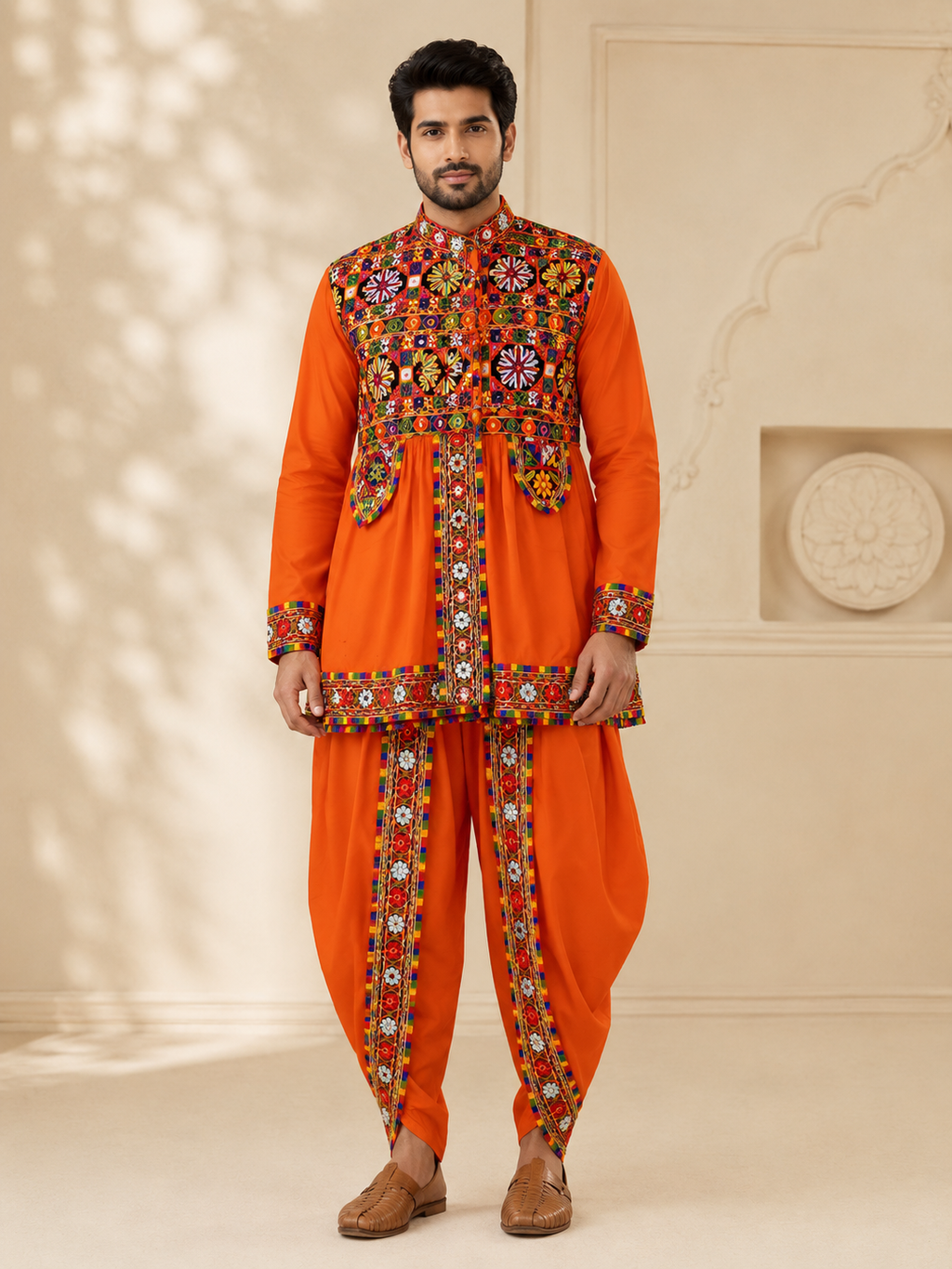 Banjara India Men’s Kutchi Embroidered Kediyu & Dhoti Set | Traditional Navratri Garba Outfit | Mirror Work Ethnic Wear Set-Orange