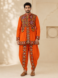 Banjara India Men’s Kutchi Embroidered Kediyu & Dhoti Set | Traditional Navratri Garba Outfit | Mirror Work Ethnic Wear Set-Orange