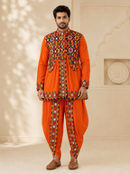 Banjara India Men’s Kutchi Embroidered Kediyu & Dhoti Set | Traditional Navratri Garba Outfit | Mirror Work Ethnic Wear Set-Orange