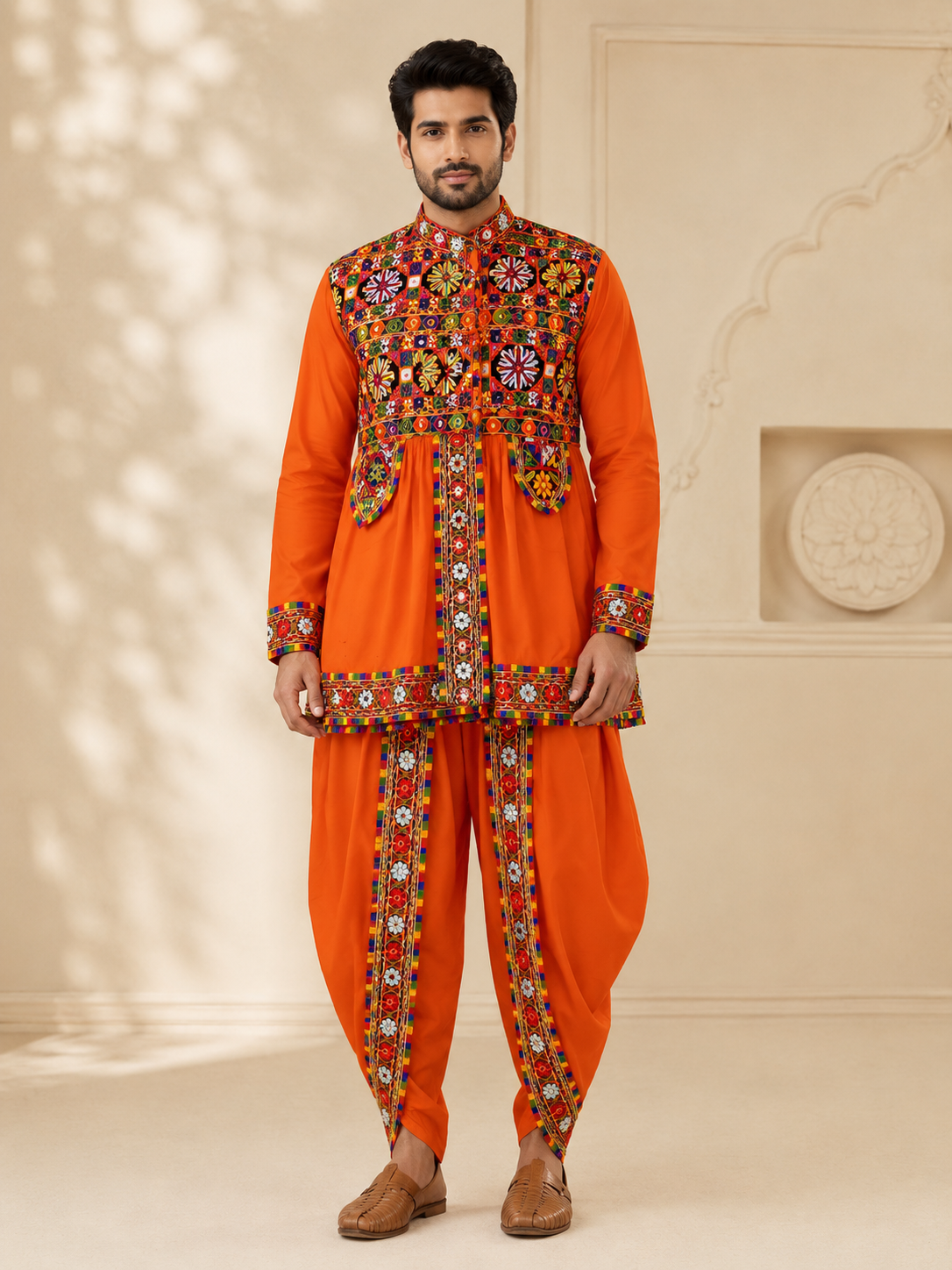 Banjara India Men’s Kutchi Embroidered Kediyu & Dhoti Set | Traditional Navratri Garba Outfit | Mirror Work Ethnic Wear Set-Orange