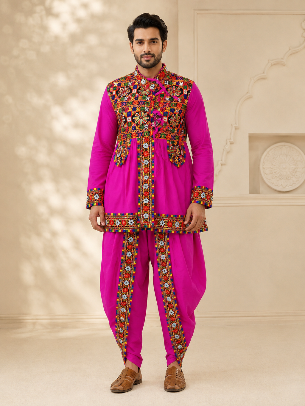 Banjara India Men’s Kutchi Embroidered Kediyu & Dhoti Set | Traditional Navratri Garba Outfit | Mirror Work Ethnic Wear Set-Pink