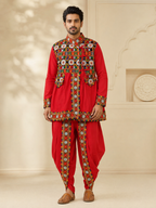 Banjara India Men’s Kutchi Embroidered Kediyu & Dhoti Set | Traditional Navratri Garba Outfit | Mirror Work Ethnic Wear Set-Red