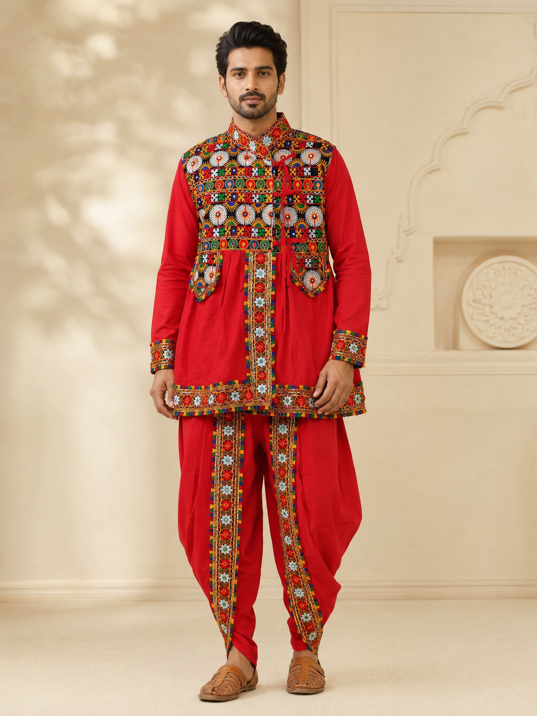 Banjara India Men’s Kutchi Embroidered Kediyu & Dhoti Set | Traditional Navratri Garba Outfit | Mirror Work Ethnic Wear Set-Red