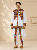 Banjara India Men’s Kutchi Embroidered Kediyu & Dhoti Set | Traditional Navratri Garba Outfit | Mirror Work Ethnic Wear Set-White