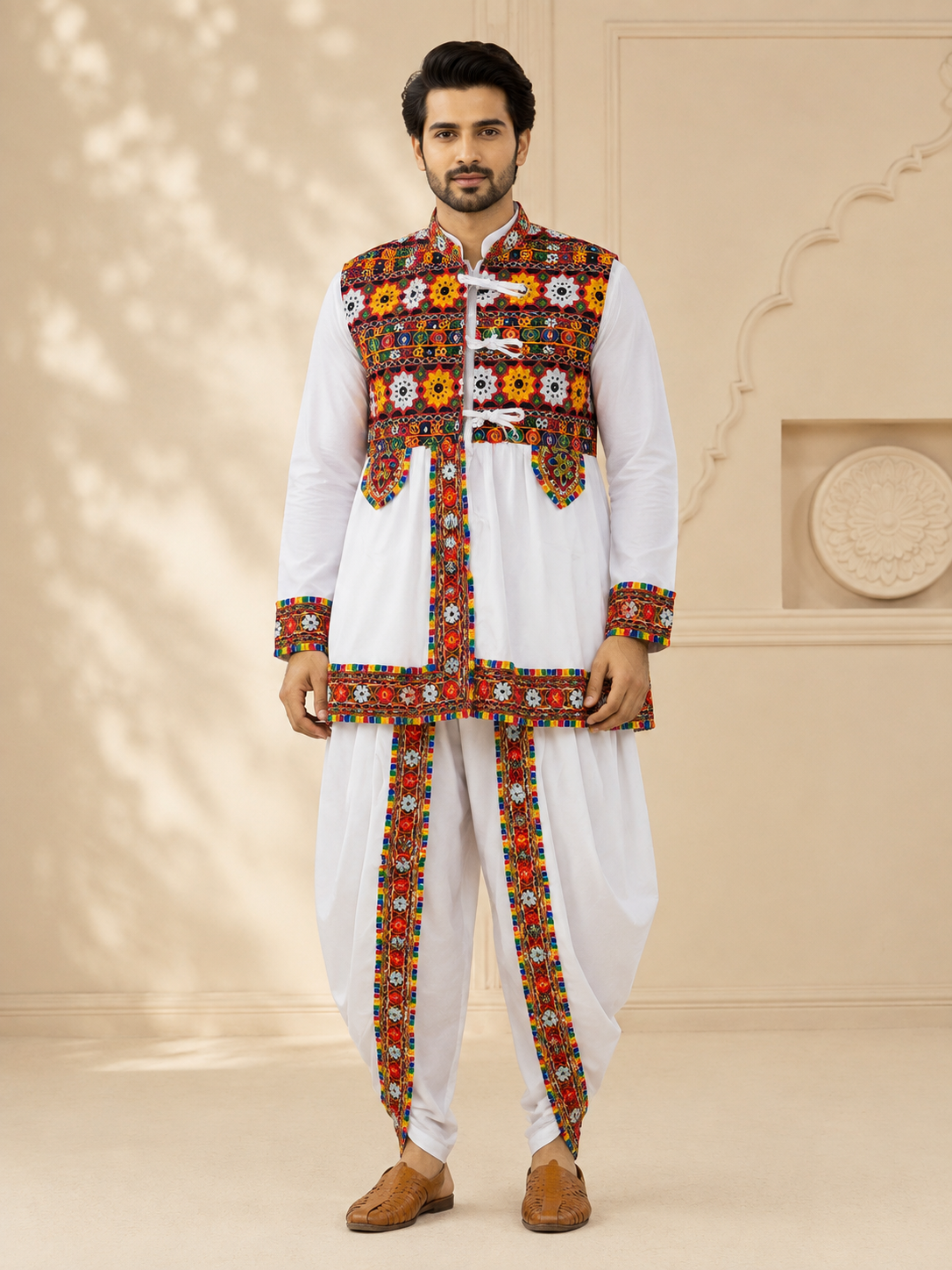 Banjara India Men’s Kutchi Embroidered Kediyu & Dhoti Set | Traditional Navratri Garba Outfit | Mirror Work Ethnic Wear Set-White