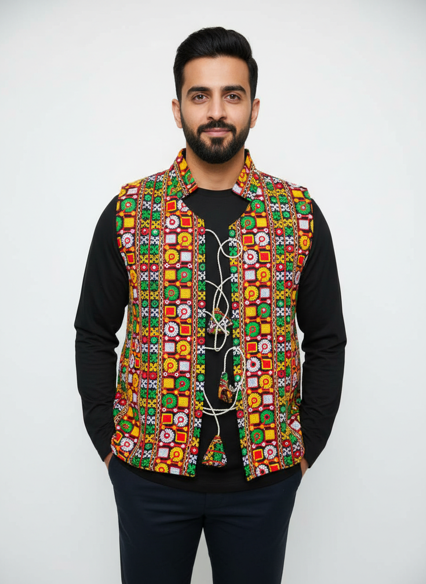 Banjara India Multicolor Kutchi Embroidered Ethnic Jacket for Men | Mirror Work Nehru Jacket | Festive & Navratri Wear (Men-Koti-03)