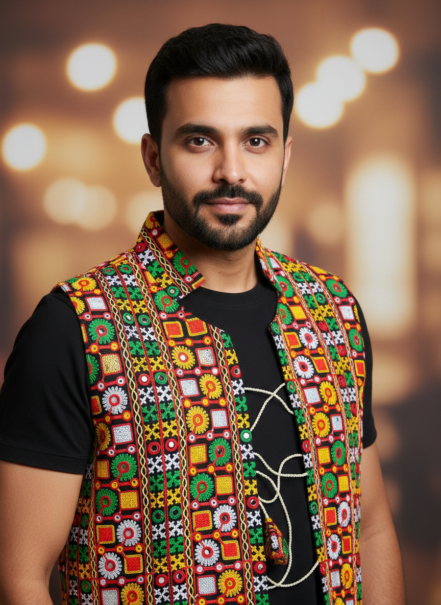 Banjara India Multicolor Kutchi Embroidered Ethnic Jacket for Men | Mirror Work Nehru Jacket | Festive & Navratri Wear (Men-Koti-03)