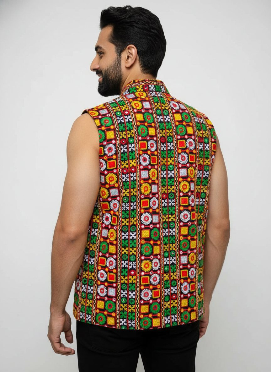 Banjara India Multicolor Kutchi Embroidered Ethnic Jacket for Men | Mirror Work Nehru Jacket | Festive & Navratri Wear (Men-Koti-03)