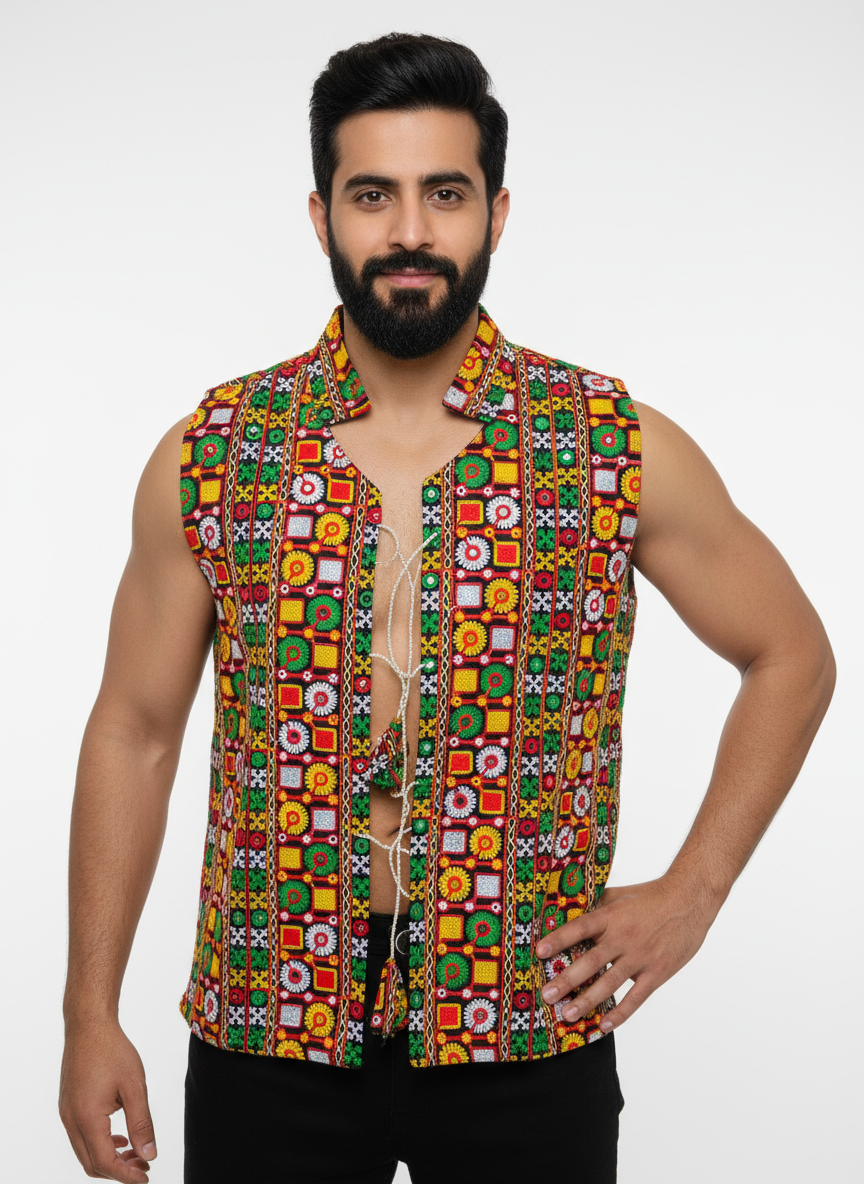 Banjara India Multicolor Kutchi Embroidered Ethnic Jacket for Men | Mirror Work Nehru Jacket | Festive & Navratri Wear (Men-Koti-03)