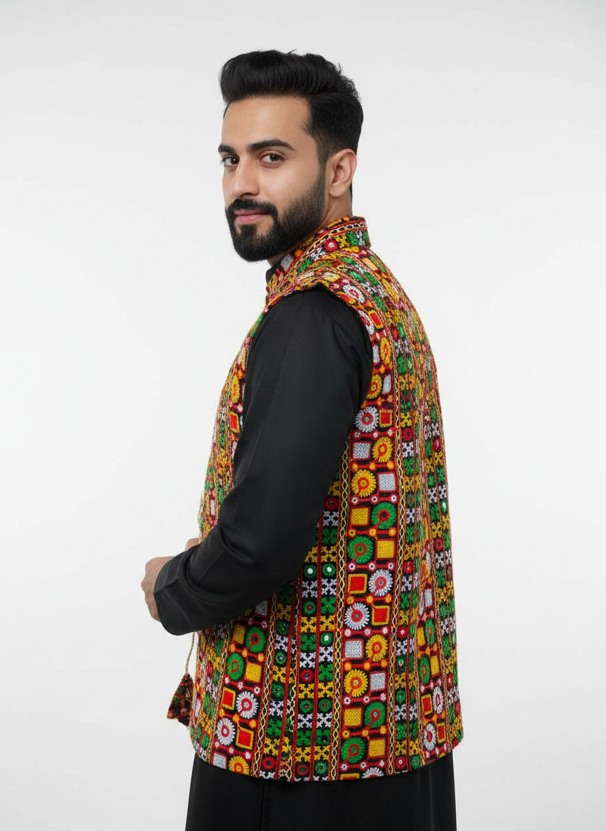Banjara India Multicolor Kutchi Embroidered Ethnic Jacket for Men | Mirror Work Nehru Jacket | Festive & Navratri Wear (Men-Koti-03)