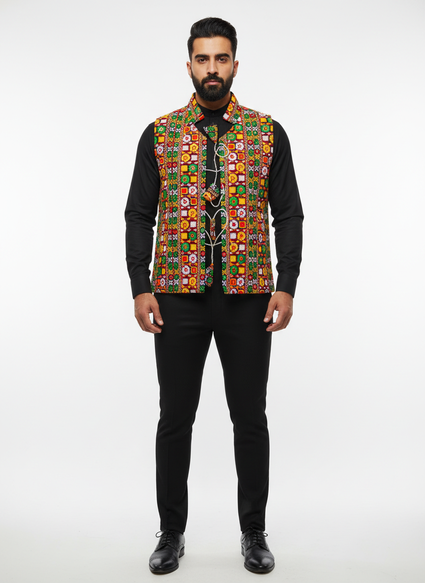 Banjara India Multicolor Kutchi Embroidered Ethnic Jacket for Men | Mirror Work Nehru Jacket | Festive & Navratri Wear (Men-Koti-03)
