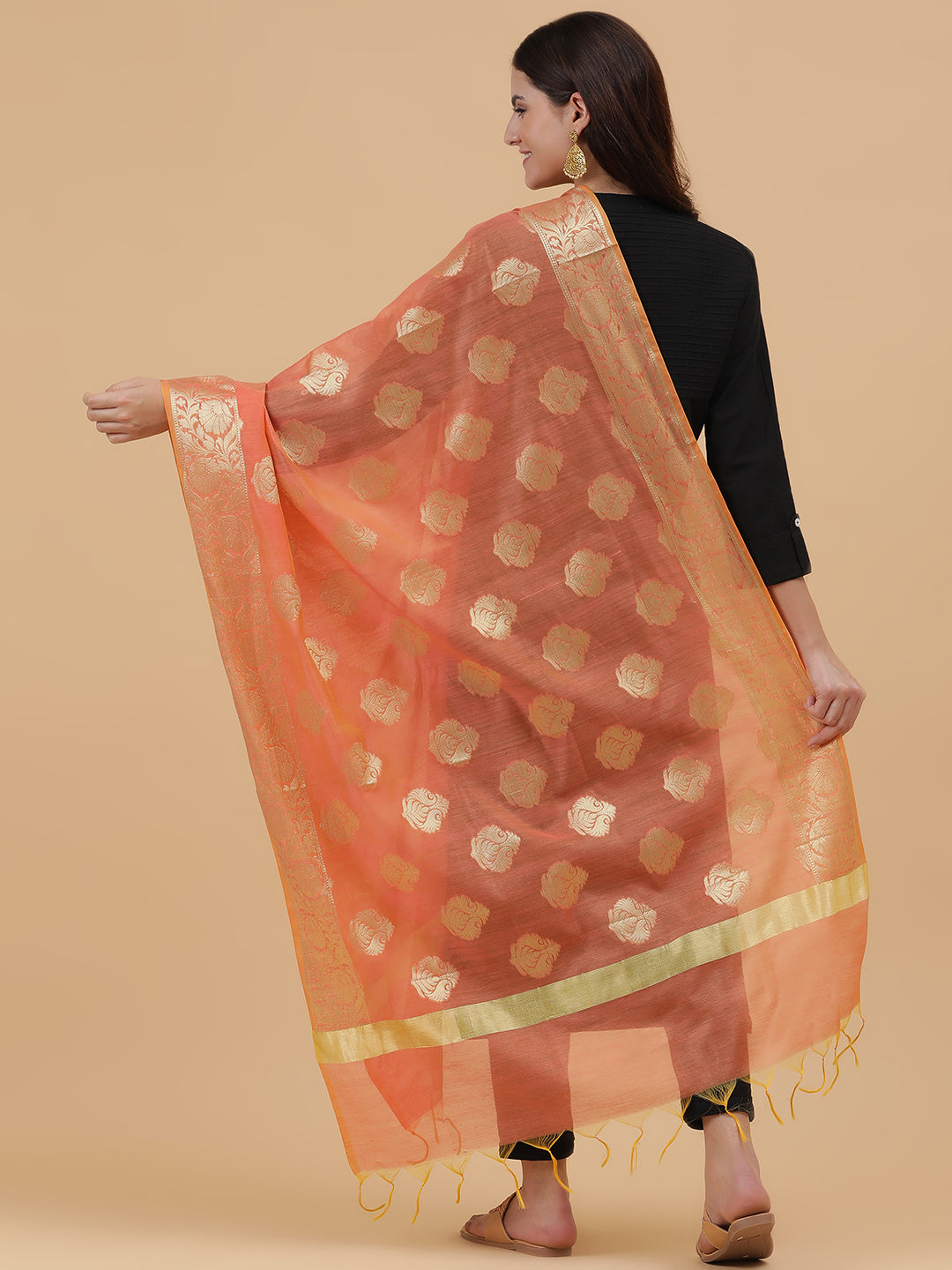 Banarasi Silk Pan Zari Emboridered Dupatta- Orange (BNRS-Turquoise)
