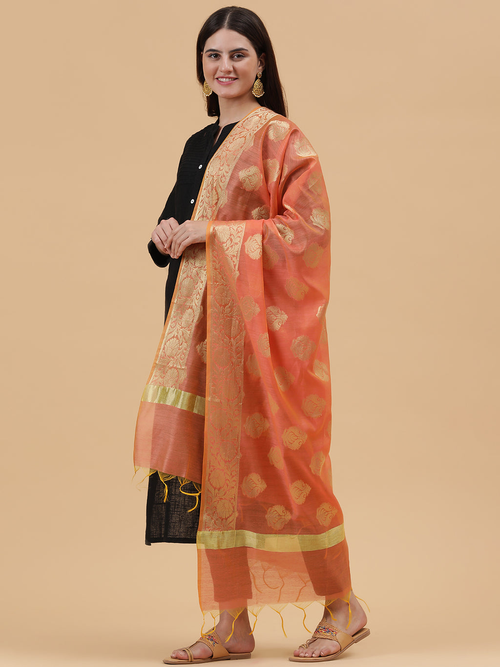Banarasi Silk Pan Zari Emboridered Dupatta- Orange (BNRS-Turquoise)