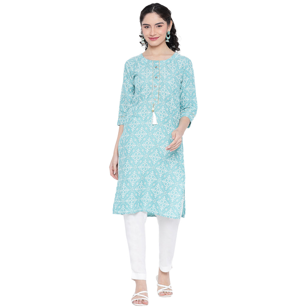Banjara India Pastel Blue Printed Straight Rayon Kurti