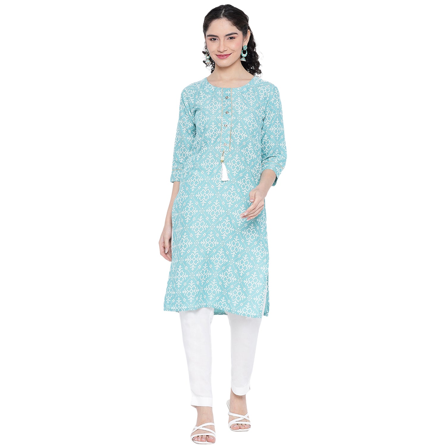Banjara India Pastel Blue Printed Straight Rayon Kurti