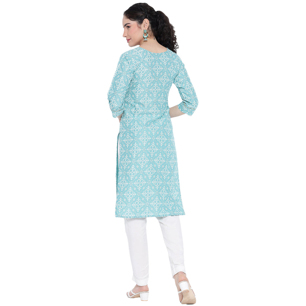 Banjara India Pastel Blue Printed Straight Rayon Kurti