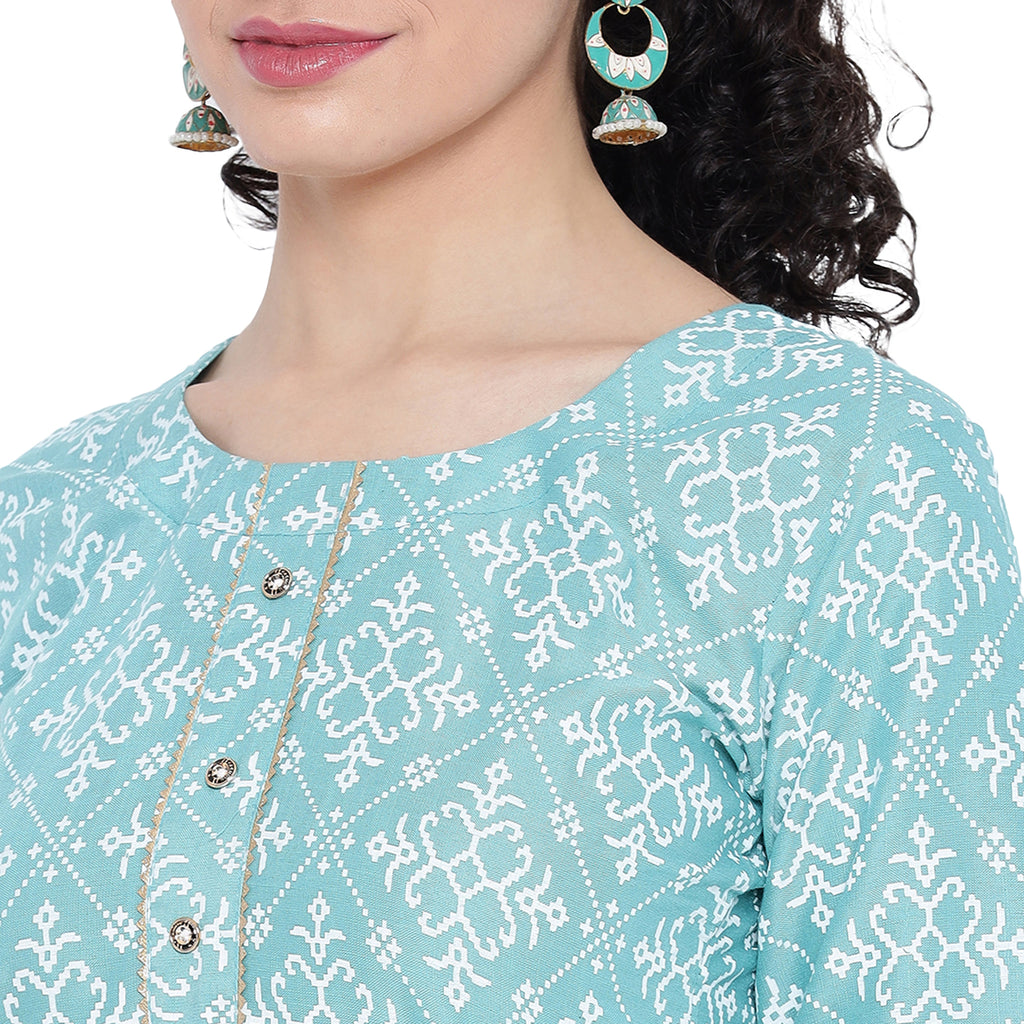 Banjara India Pastel Blue Printed Straight Rayon Kurti