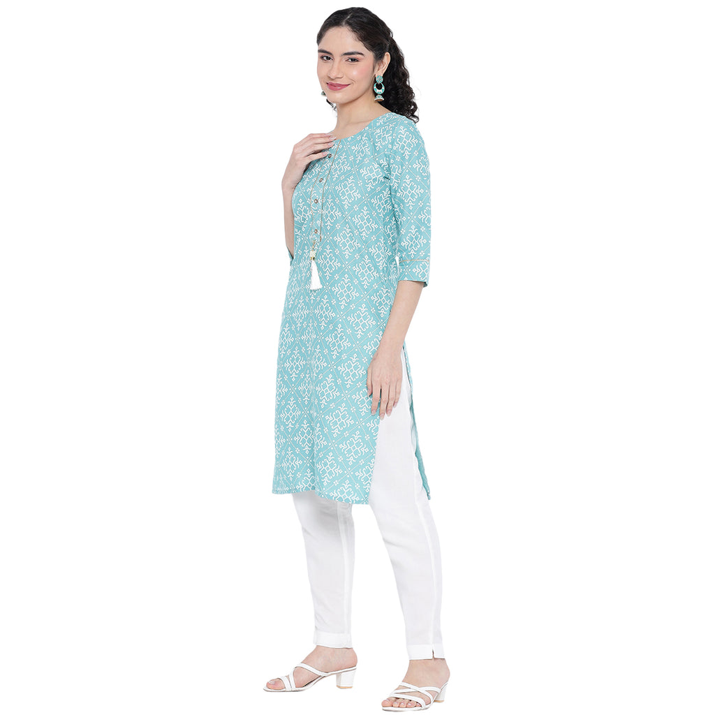 Banjara India Pastel Blue Printed Straight Rayon Kurti