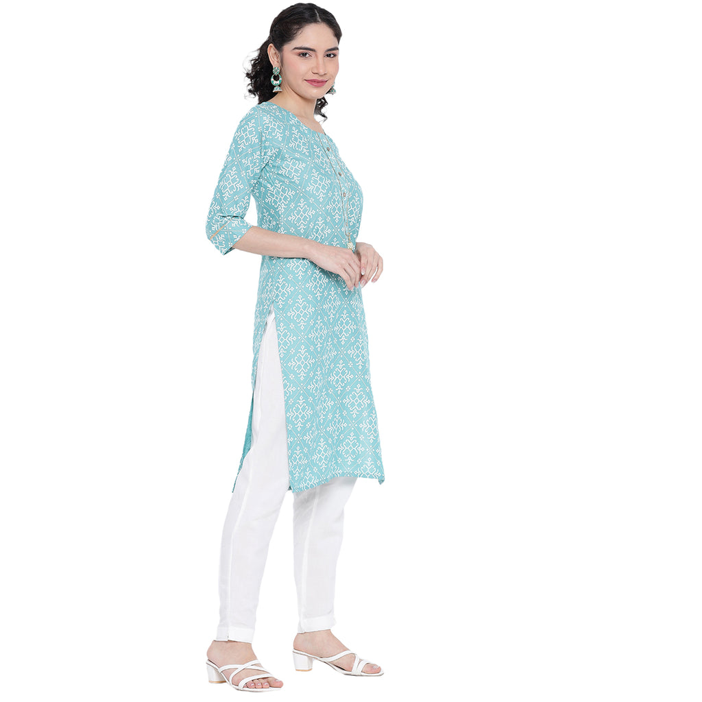 Banjara India Pastel Blue Printed Straight Rayon Kurti
